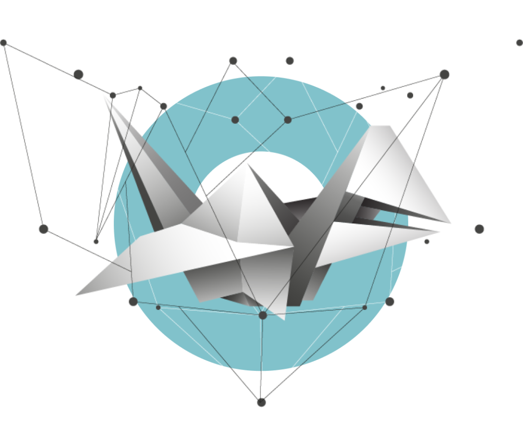 ave em origami com uma rede de pontos e um círculo azul como fundo.